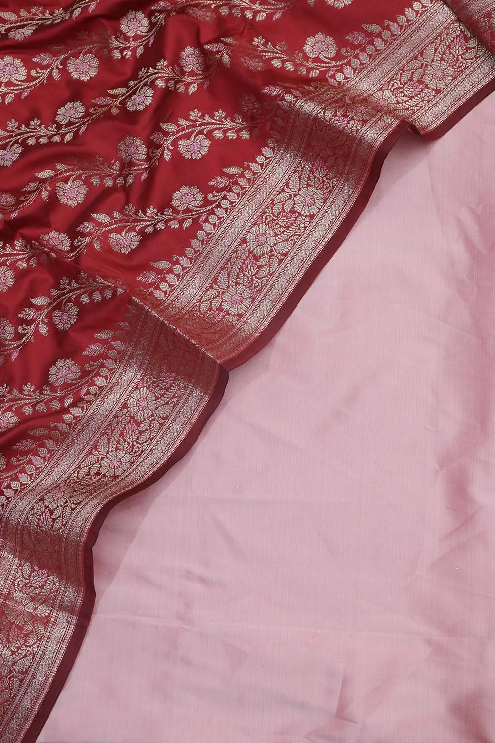 Beautiful Pink Plain Silk Suit With Red Banarasi Silk Meenakari Dupatta